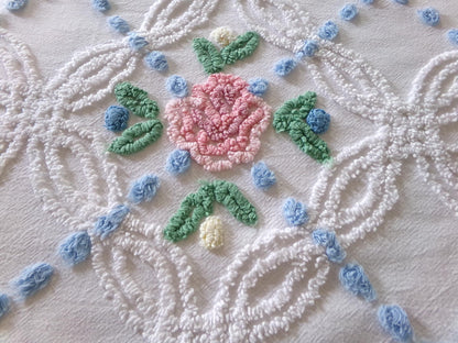 beach cottage fabric, cut from vintage chenille bedspread, 18" x 34" piece with 2 floral motifs, ideal for quilting & sewing