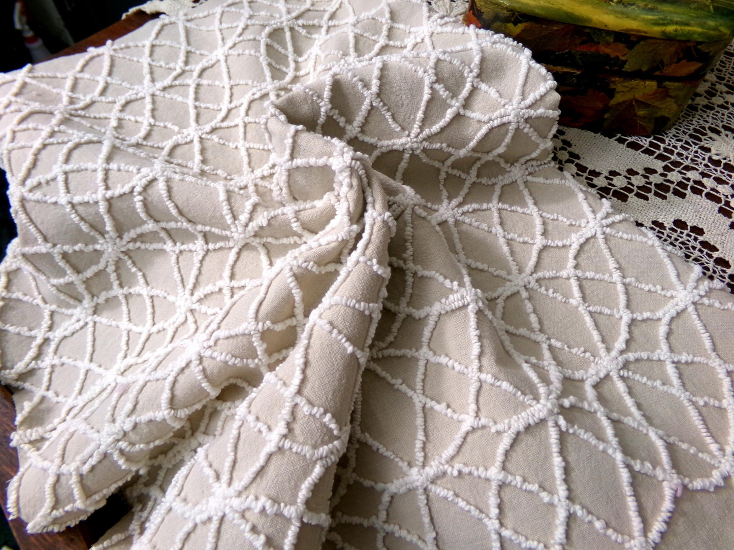 Cafe Mocha Vintage Chenille Fabric, Skinny Tuft Illusion Design, 18" x 24" Piece Quilt Material