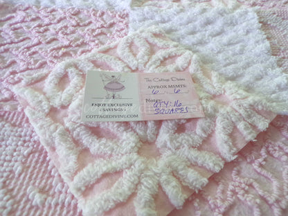 Pastel Pink & White Quilt Squares Set, Rotary Cut from Vintage Chenille Bedspread Fabric, 16 Blocks, 6" x 6" inch