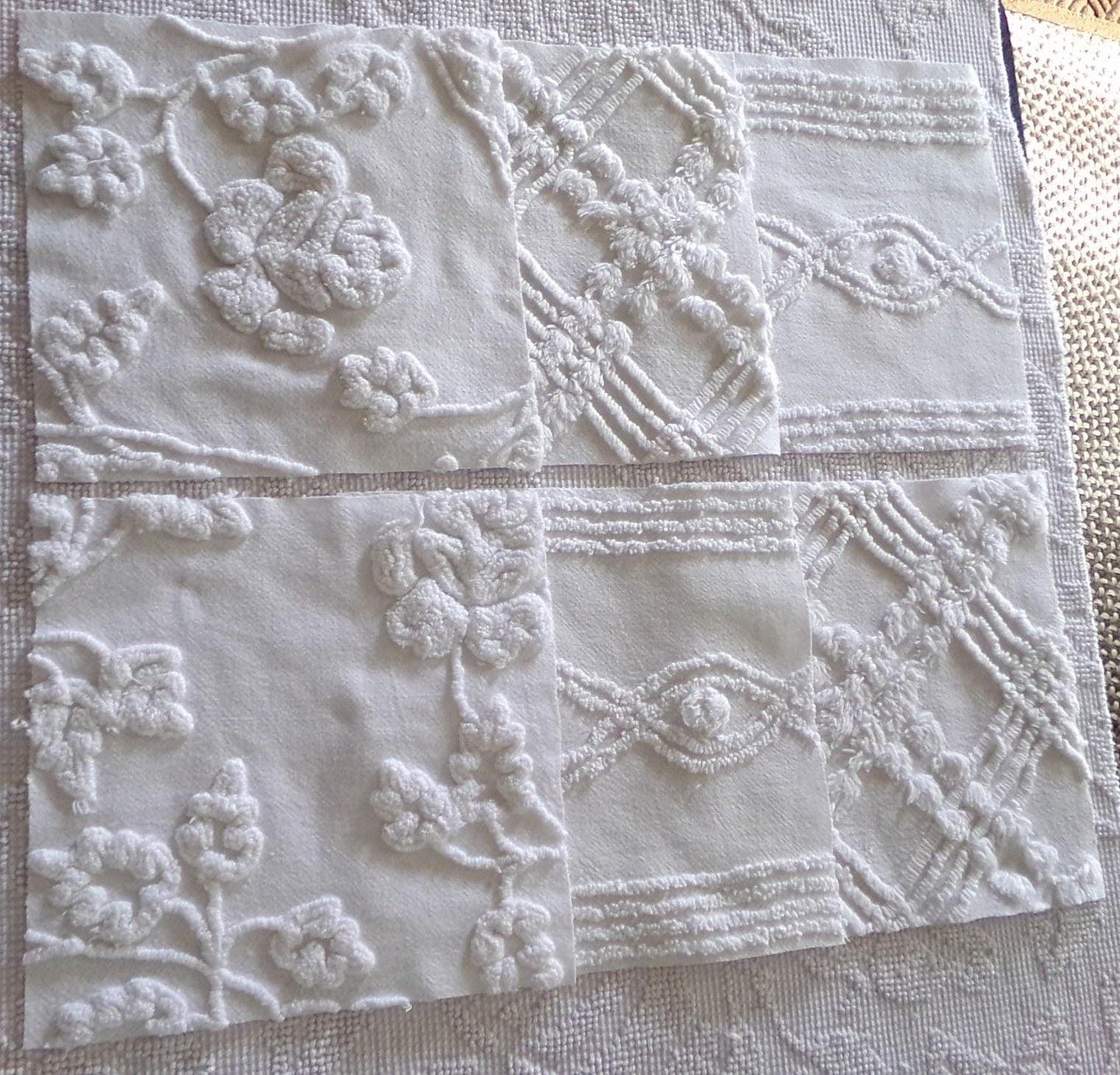 rambling rose vintage chenille fabric squares, set of 6 large 9.5" white quilt blocks, floral & geometric prints for sewing, quilting