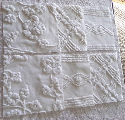 rambling rose vintage chenille fabric squares, set of 6 large 9.5" white quilt blocks, floral & geometric prints for sewing, quilting