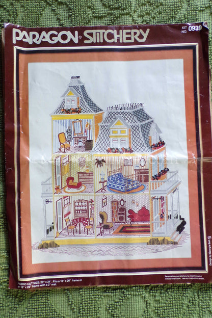 Cozy Victorian Doll House Crewel Stitchery Kit, Rare Paragon Needlecraft Vintage Embroidery 0939 Dollhouse, OPEN Pkg, Georgia Ball