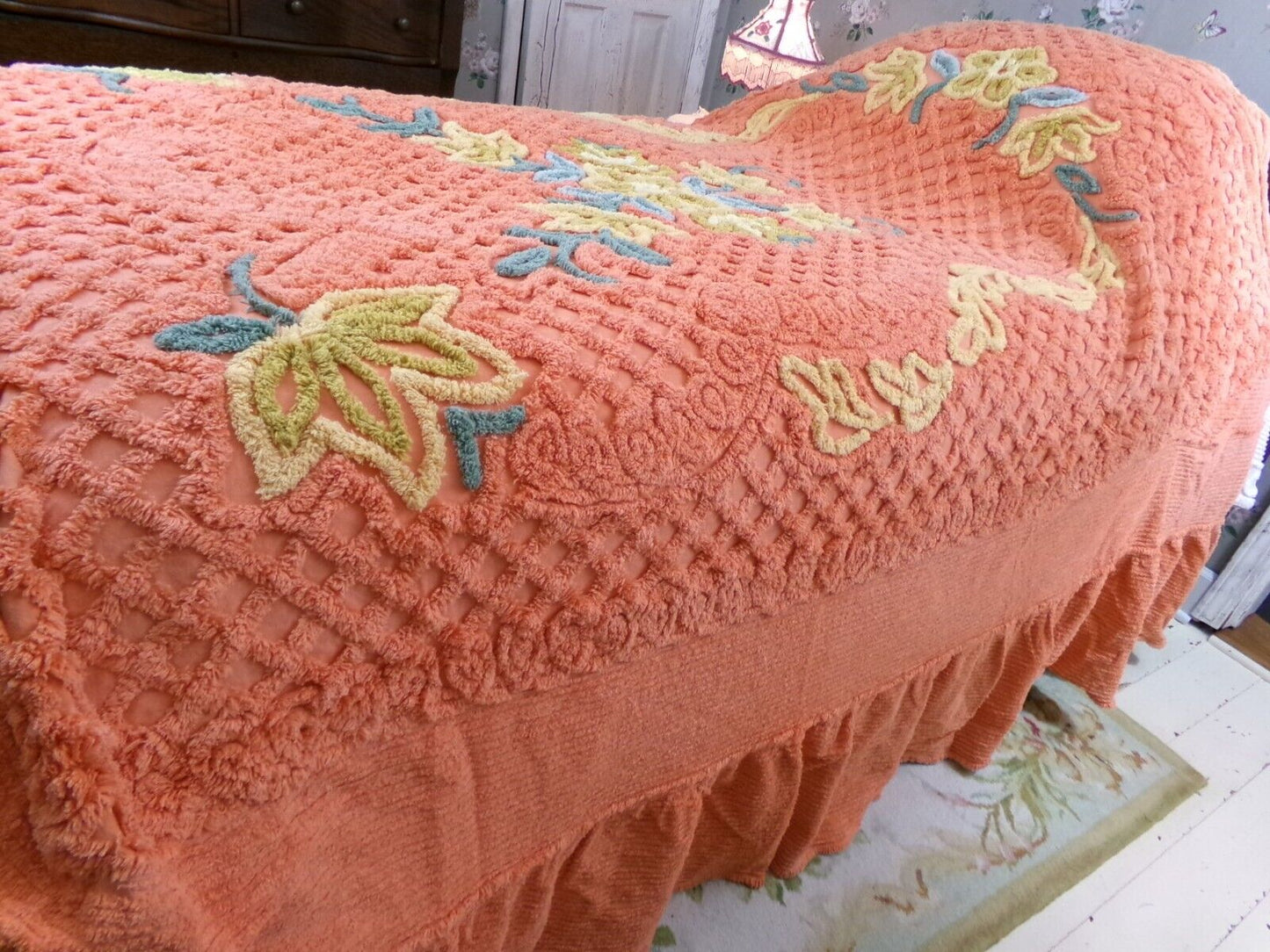 Vivid Orange Floral Vintage Chenille Bedspread, Boxed & Fitted Design, Full Size