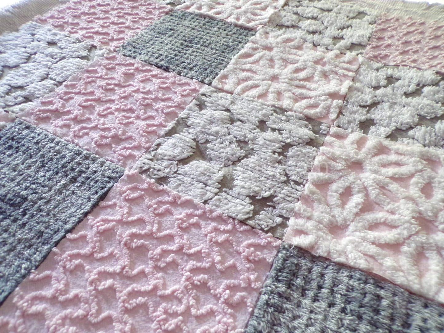 modern pink & grey chenille fabric squares, set of 16 vintage 6" quilt blocks for sewing, quilting, fiber arts