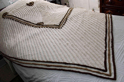 Vanilla Chocolate Swirl Vintage Chenille Bedspread, Swooping Scallop Design, 100% Cotton, FULL Size Midcentury Mod Bedding