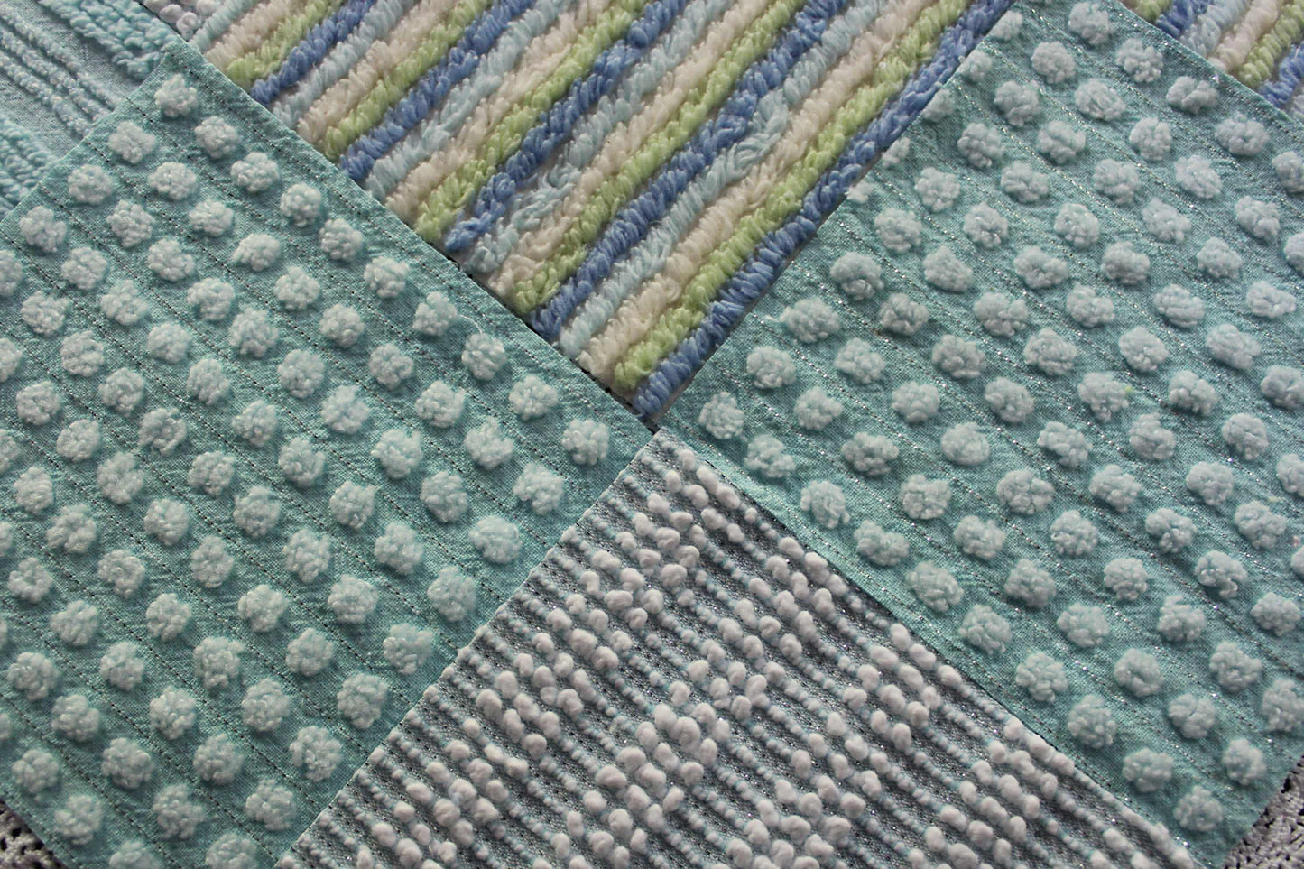 Sea Mist Chenille Quilt Squares Set, from Vintage Bedspread Fabric, 17 Blocks, 6" inch in Coastal Blues, Aqua