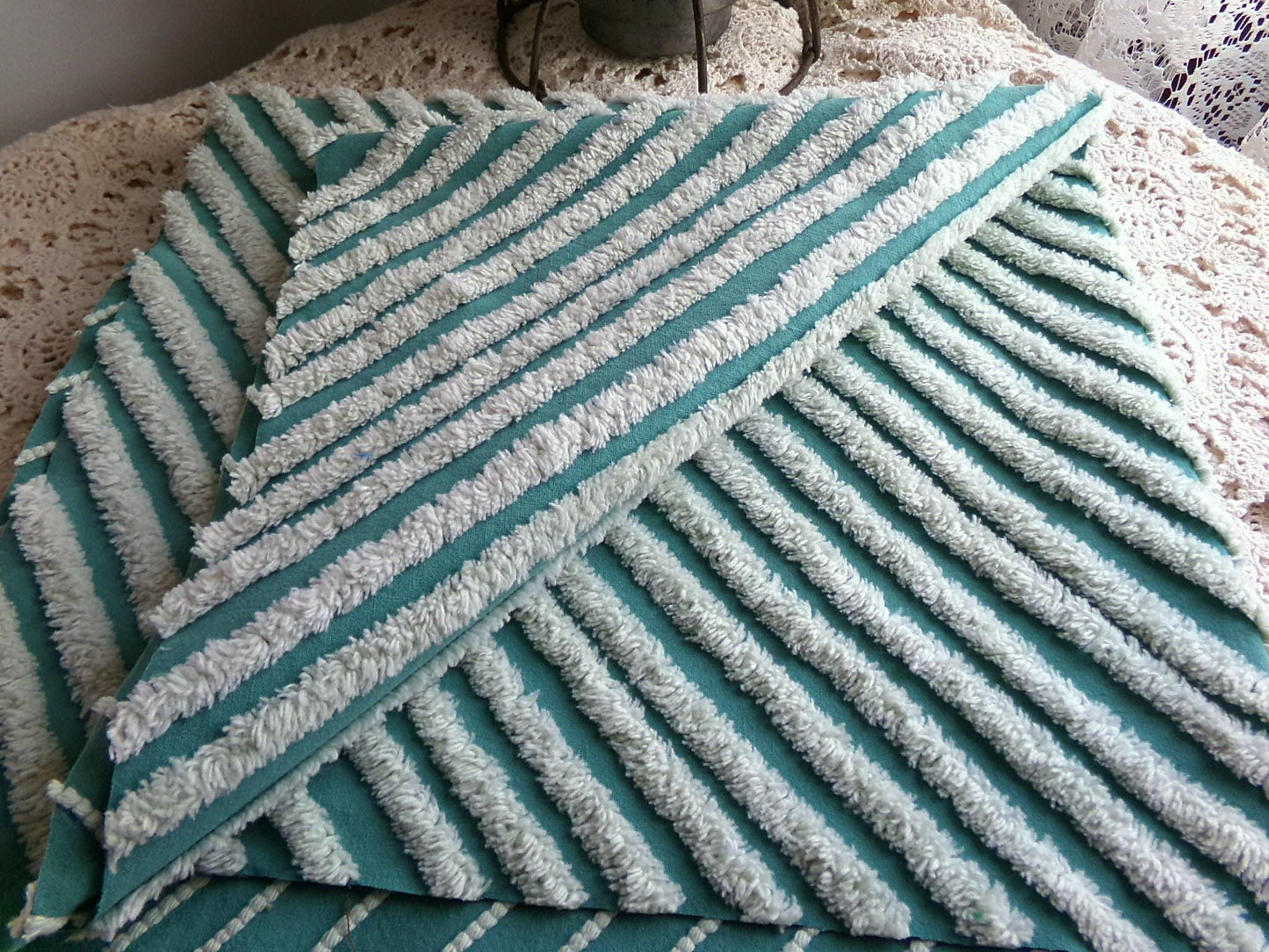 eyecatching plush stripes vintage chenille fabric, tonal green diagonal striped lines, 22" x 25" inch piece of sewing material
