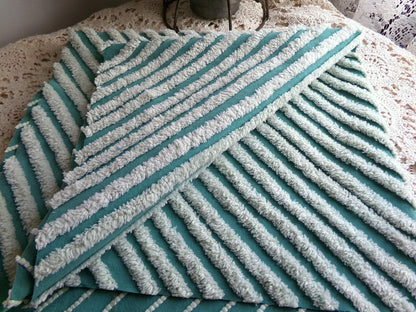 eyecatching plush stripes vintage chenille fabric, tonal green diagonal striped lines, 22" x 25" inch piece of sewing material
