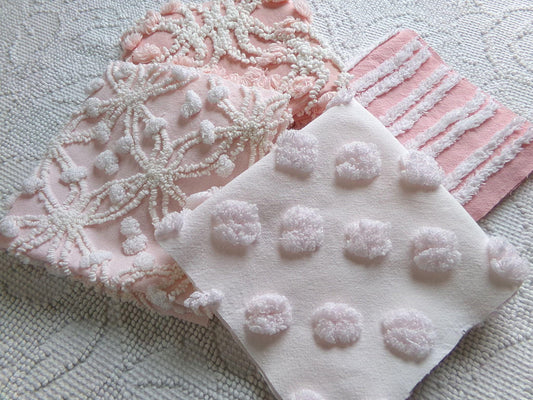 love pink chenille fabric squares, set of 4 texturized vintage large quilt blocks 12" inches ea, spider ring, pops, stripes, infinity tuft