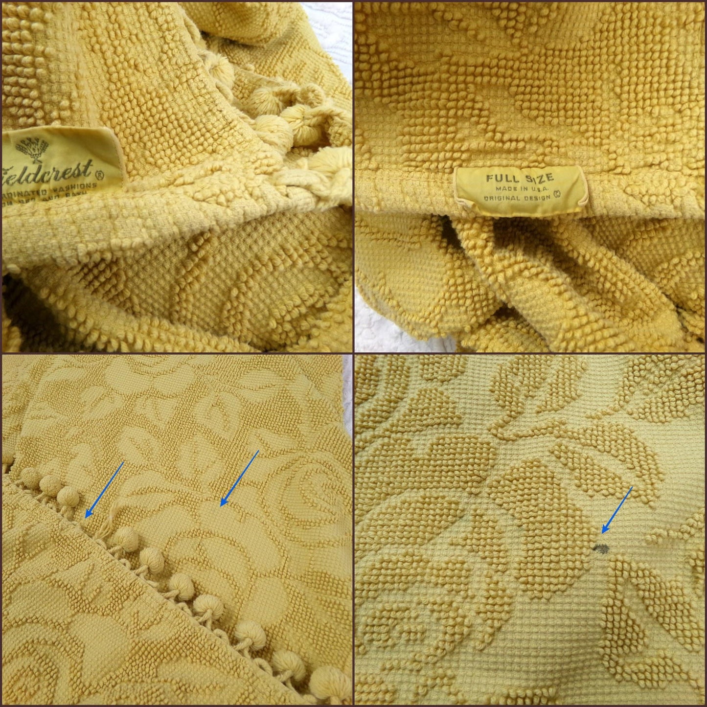 Vintage Chenille Bedspread in Sunflower Honey Golden Blonde | Hobnail Cabbage Rose Woven Texture | On Trend Boho Style Heavyweight Spread