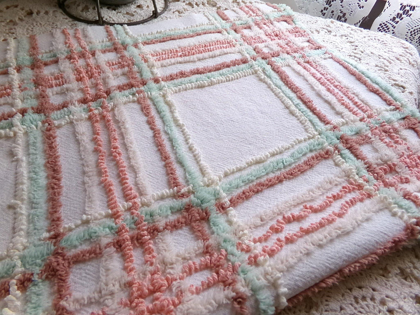 cottage plaid vintage chenille fabric: country style sewing material, 18" x 27" piece