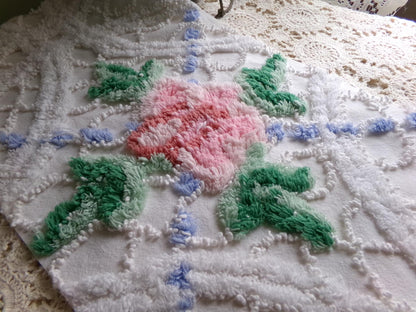 cute plush pink rose fabric piece, vintage tufted chenille cottage style sewing material, 10.5" x 22" inches