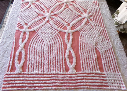 Unique Terracotta Rose Vintage Chenille Fabric, 29" x 27" Inch Piece, White Geometric Designs