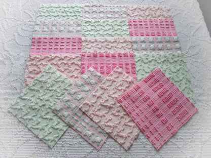 phantom rose 6" chenille squares, green, pink, white rosebud, set of 16 quilt blocks rotary cut from vintage chenille bedspread fabrics