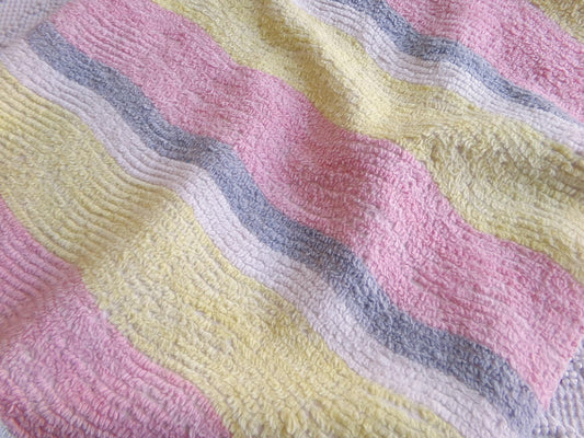 soft cozy striped chenille fabric, vintage 20" x 24" piece of lightweight sewing material in pink, yellow, white & grey ripple stripes