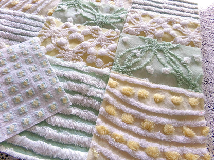 Springtime Fresh Chenille Fabric Squares Set in Yellow, Green & White, 17 Blocks, 6" inch ea, Cheery Stripes, Dots Geometric Designs