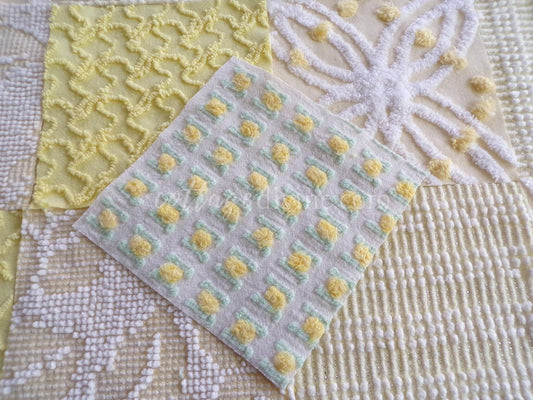 Cheerful Chenille Quilt Squares Set from Vintage Bedspread Fabric, 17 Blocks, 6" x 6" inch, Sunny Yellows