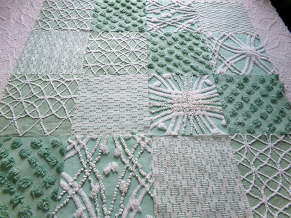 gorgeous green chenille fabric squares, set of 16 vintage 6" craft blocks, geometric designs for quilt inlays, pillows, fiber arts