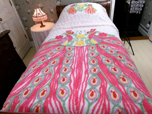 huge hot pink peacock chenille bedspread, colorful lovebirds on white cotton with rainbow hearts, full or queen size vintage bedding