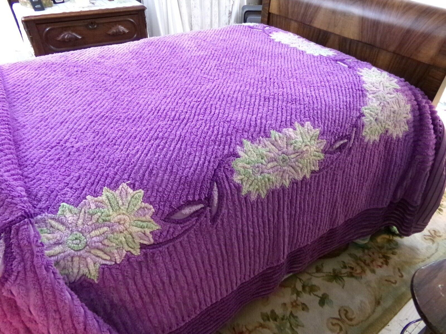 Plush Purple Passion Vintage Chenille Bedspread, Green Lily Floral Full Size Bedding