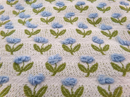 Tulip Garden Vintage Chenille Bedspread Fabric, Little Blue Flowers & Green Leaves, 12" x 24" inch Piece, Sewing Material for Quilts, Crafts