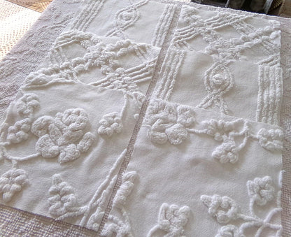 white 9.5" chenille fabric squares, set of 6 large quilt blocks, neutral rose & geometric prints for sewing, crafts