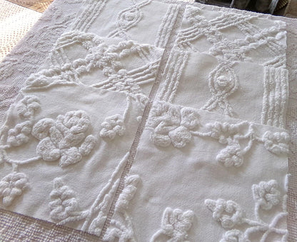 rambling rose vintage chenille fabric squares, set of 6 large 9.5" white quilt blocks, floral & geometric prints for sewing, quilting