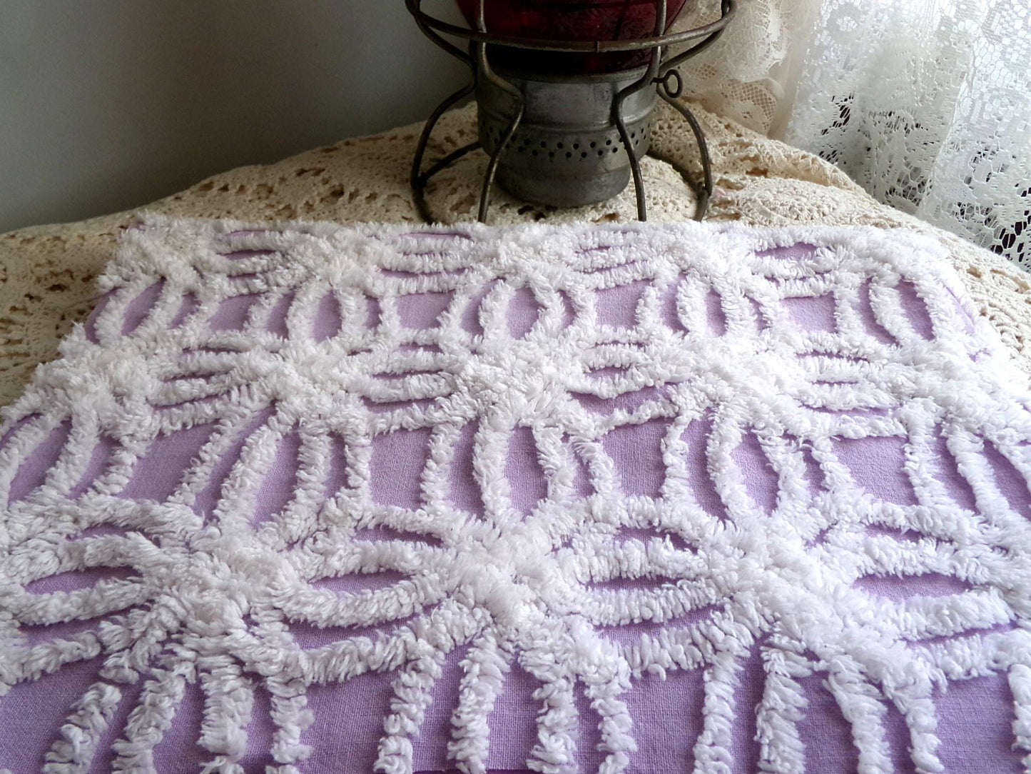 lilac chenille fabric, plush white wedding rings on purple, 18" x 24" inch piece cut from vintage chenille bedspread