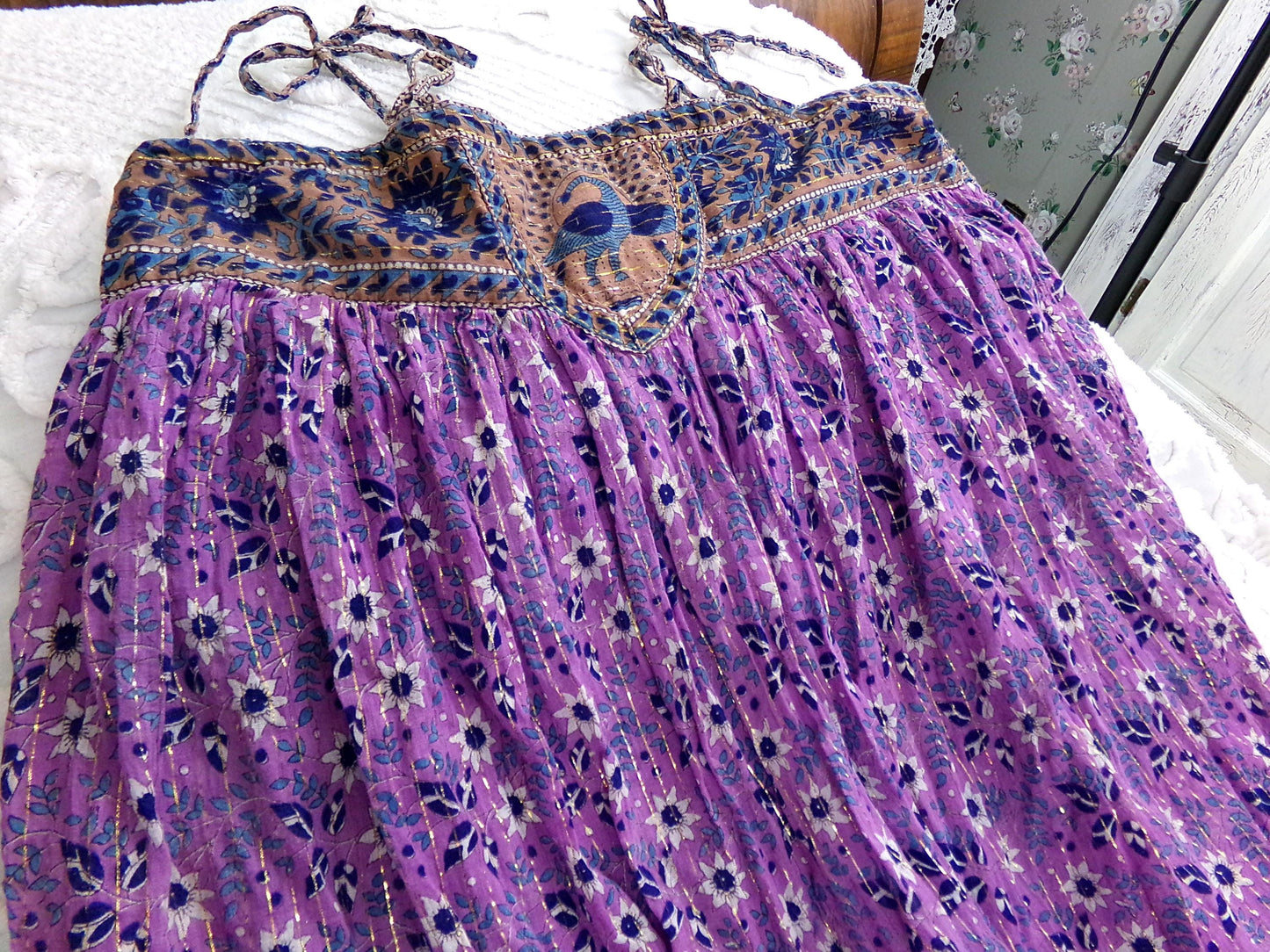 vintage Starina Creation Paris dress, rare 1970s boho peacock print, gold thread floral pattern, midi length gauze cotton India sundress, S