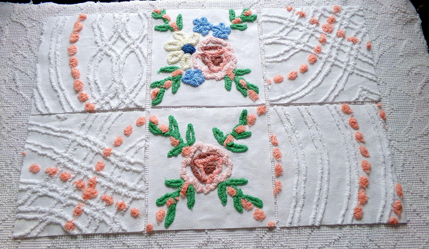 cottage style chenille fabric squares, set of 6 vintage 7.5" quilt blocks, peach, white rose floral & geometric for sewing, crafts, quilting