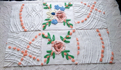 cottage style chenille fabric squares, set of 6 vintage 7.5" quilt blocks, peach, white rose floral & geometric for sewing, crafts, quilting