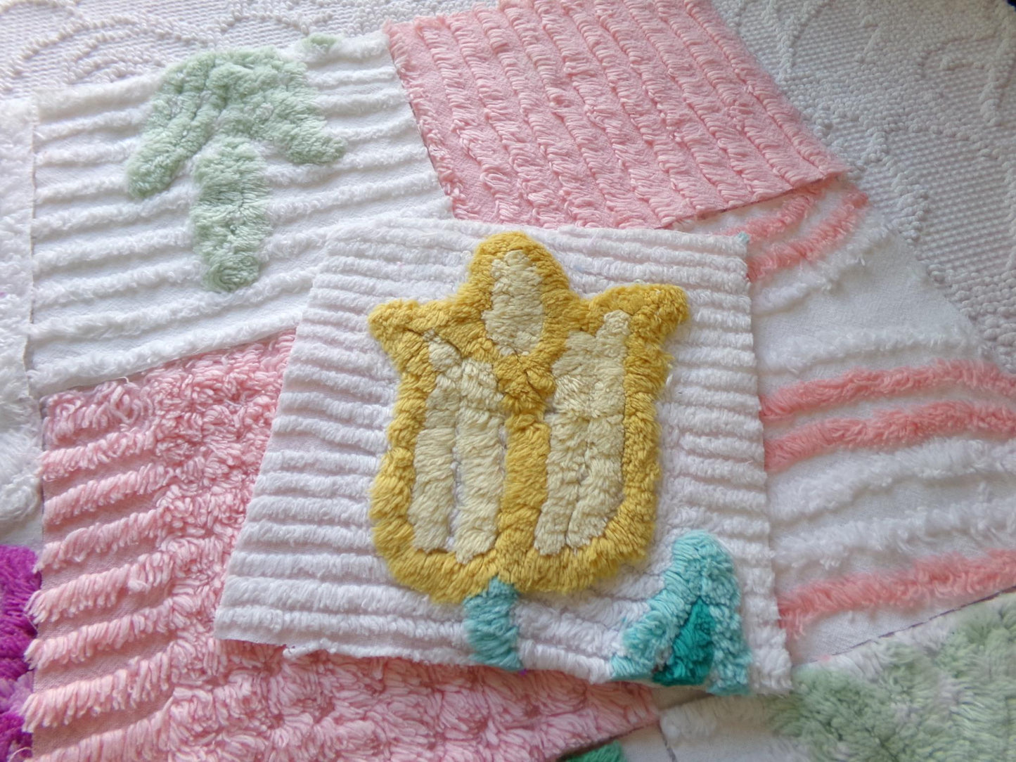 springtime mix 6" chenille squares, peach, white & purple set of 17 craft quilt blocks cut from vintage chenille bedspread fabrics