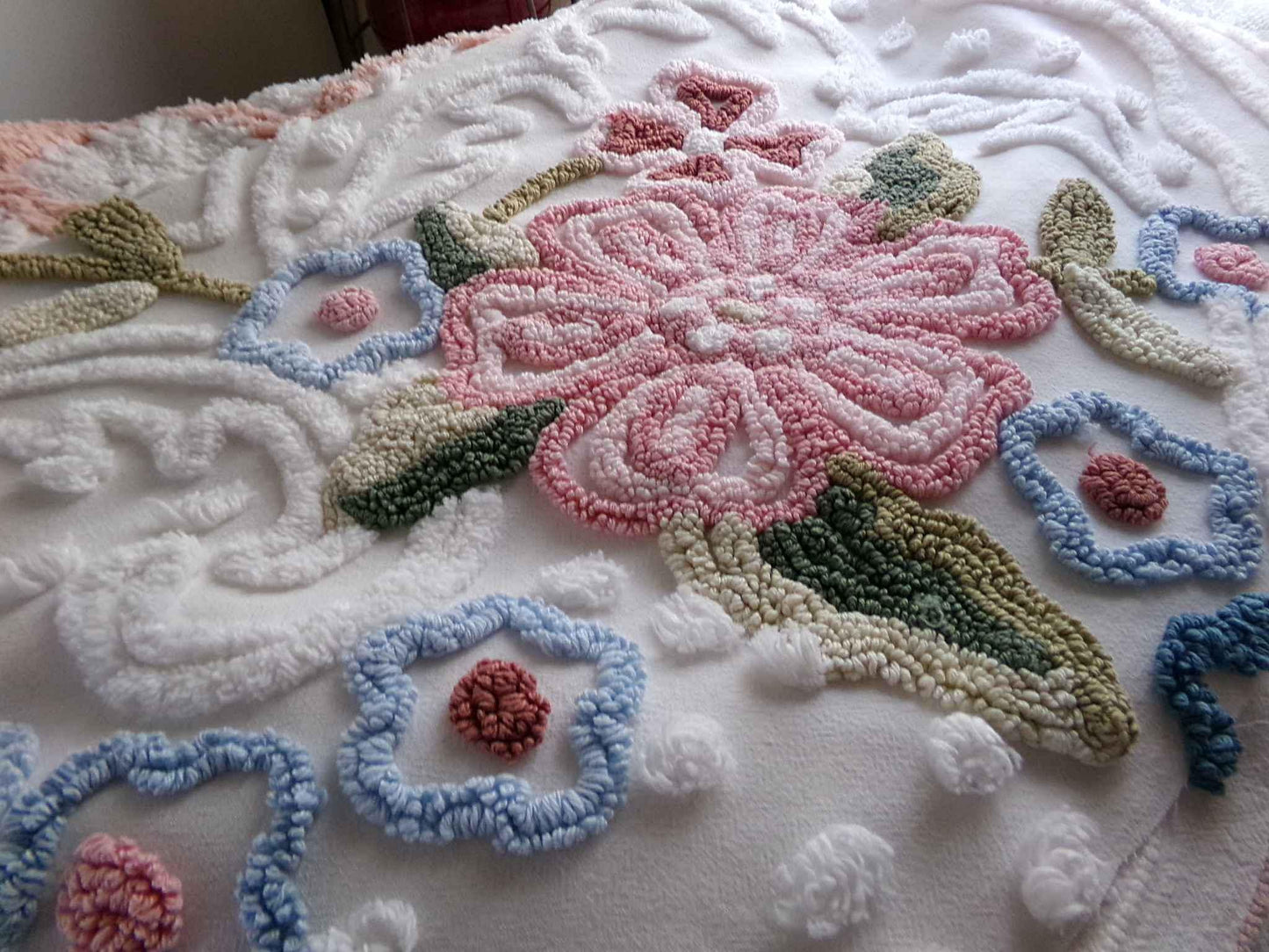 Lovely Spring Flowers Vintage Chenille Material, 29" x 25" inch Fabric Piece, Meadow Florals on White 100% Cotton, Pretty in pillows