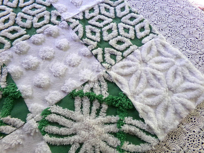 winter's enchantment vintage chenille fabric squares, set of 16 green & white quilting blocks, 6" each for patchwork pillows, quilt inlays