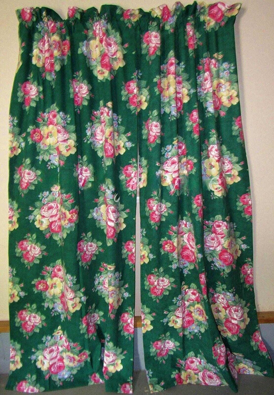 Ralph Lauren Hayley Floral Drapes Window Curtains, Pair of Vintage Green Panels