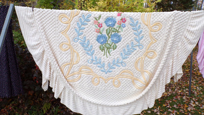 Luxury Buttercream Vintage Chenille Bedspread in Heirloom Garden Wildflowers, Full Size Boxed Fit Design with Ruffle Skirt