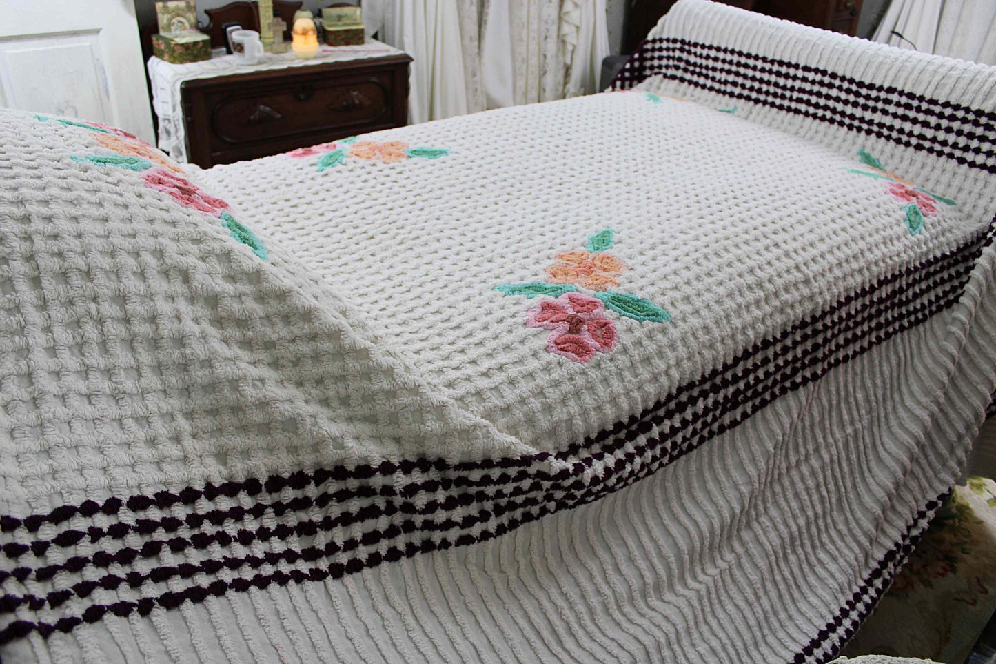 Simple Plush White Vintage Chenille Bedspread, Tropical Flowers on Waffle Tufts, Full Size