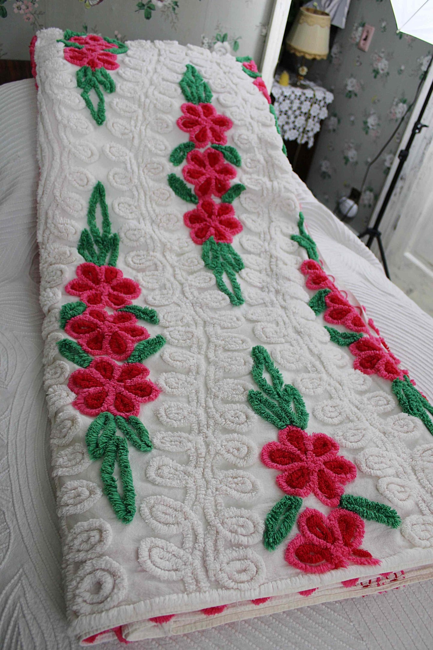 Vintage Chenille Bedspread, Raining Roses on Plush White, Full Size