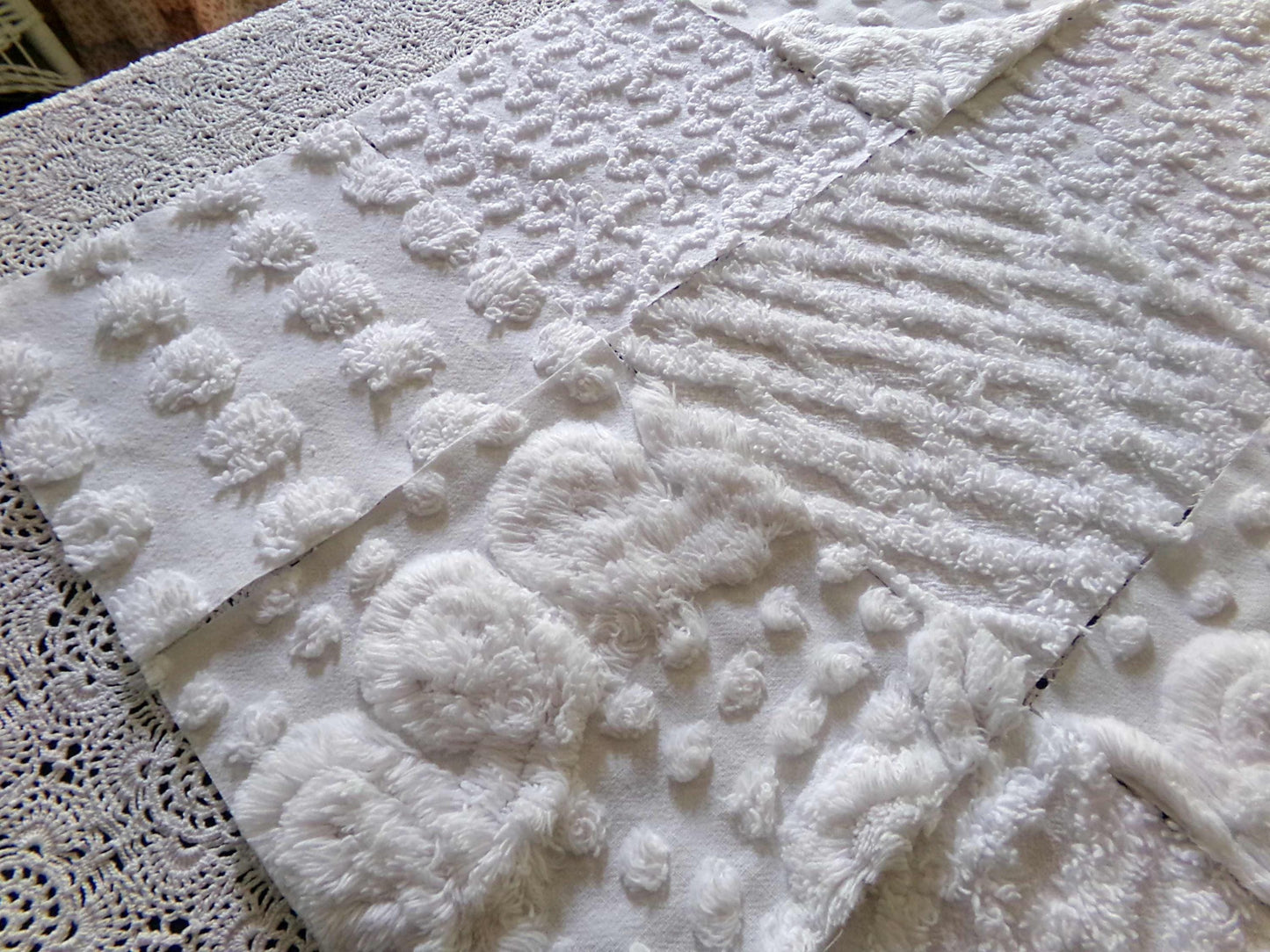 snow day white chenille fabric squares, 16 vintage 6" x 6" quilt blocks, pops, squiggles, diamond lattice & swirls