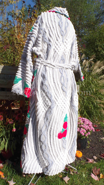 Plus Size Chenille Robe "Lovey Dovey" Red Roses Dove Grey Bathrobe Upcycled from WWII Era Vintage Chenille Bedspread, 1X, 2X Large