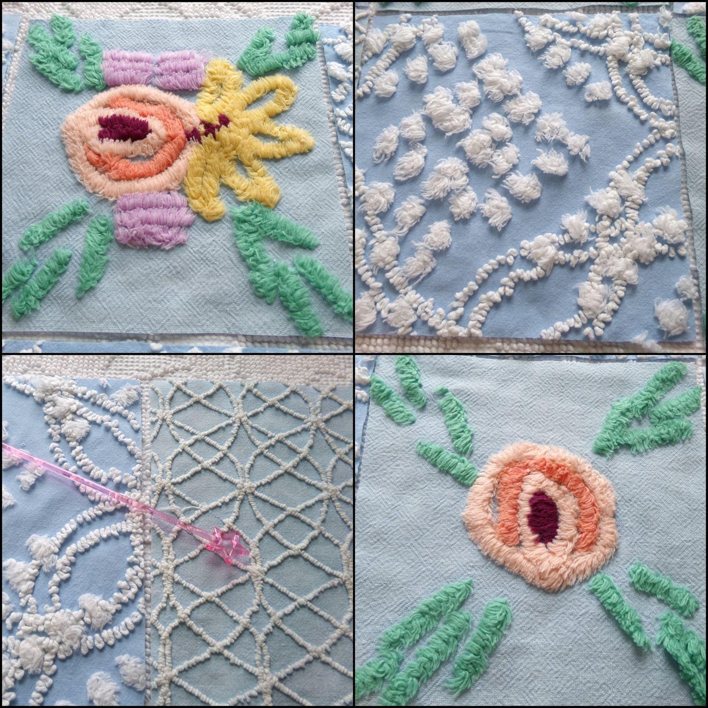 coastal wanderings chenille fabric squares, set of 8 vintage 7.5" quilt blocks, sky blue & white, for sewing, crafts, quilting