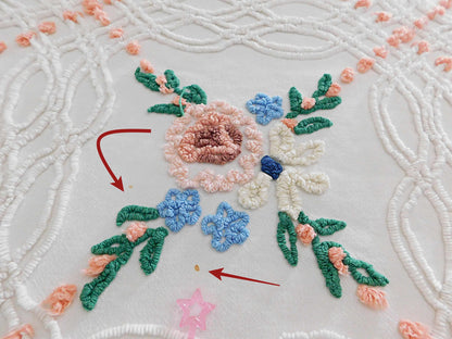 shabby chic chenille bedspread, vintage wildflower daisy rose design, white cotton summer coverlet with peach pops, twin size bedding
