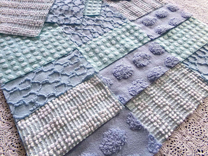 lake breeze vintage chenille quilt squares, set of 16 cool blue & aqua cotton 6" quilt blocks for quilting, upcycling into crafts