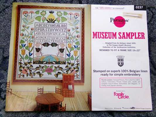 Vintage MUSEUM SAMPLER Embroidery Kit, Cooper-Hewitt Smithsonian Institution, Paragon Creative Crewel Stitchery, 0237, Linen Canvas