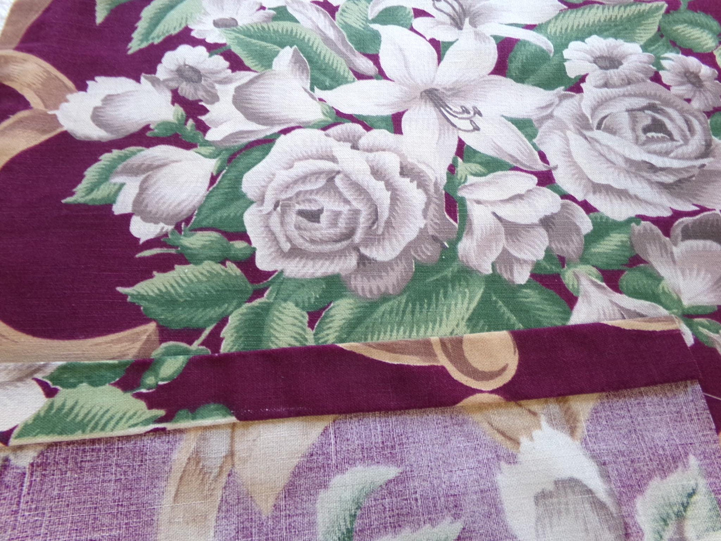 Shabby Vintage Barkcloth STYLE Cotton Fabric, Golden Beige Roses & Lilies on Rich Maroon Wine 21" x 30", Deconstructed Curtain Panel