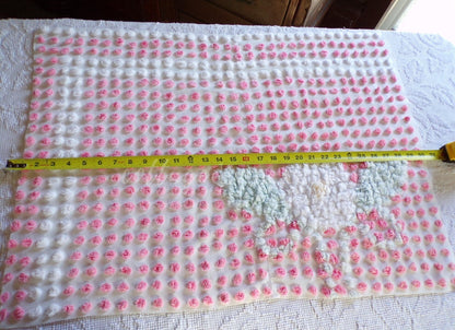 Angelic White Lily Cupcake Pink Pops Handtufted Vintage Chenille Fabric, 21" x 28" inch antique piece, Beautiful in DIY Pillows