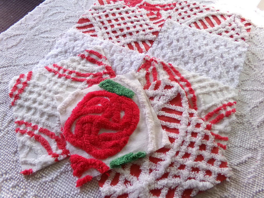rose red & white chenille fabric squares, 7.5" vintage quilt blocks, set of 8 for sewing, Christmas crafts, quilting