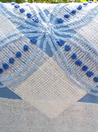 mystic coastal blue & white vintage chenille fabric, starburst geometric pattern, 22" x 23" inch piece of unique cotton sewing material