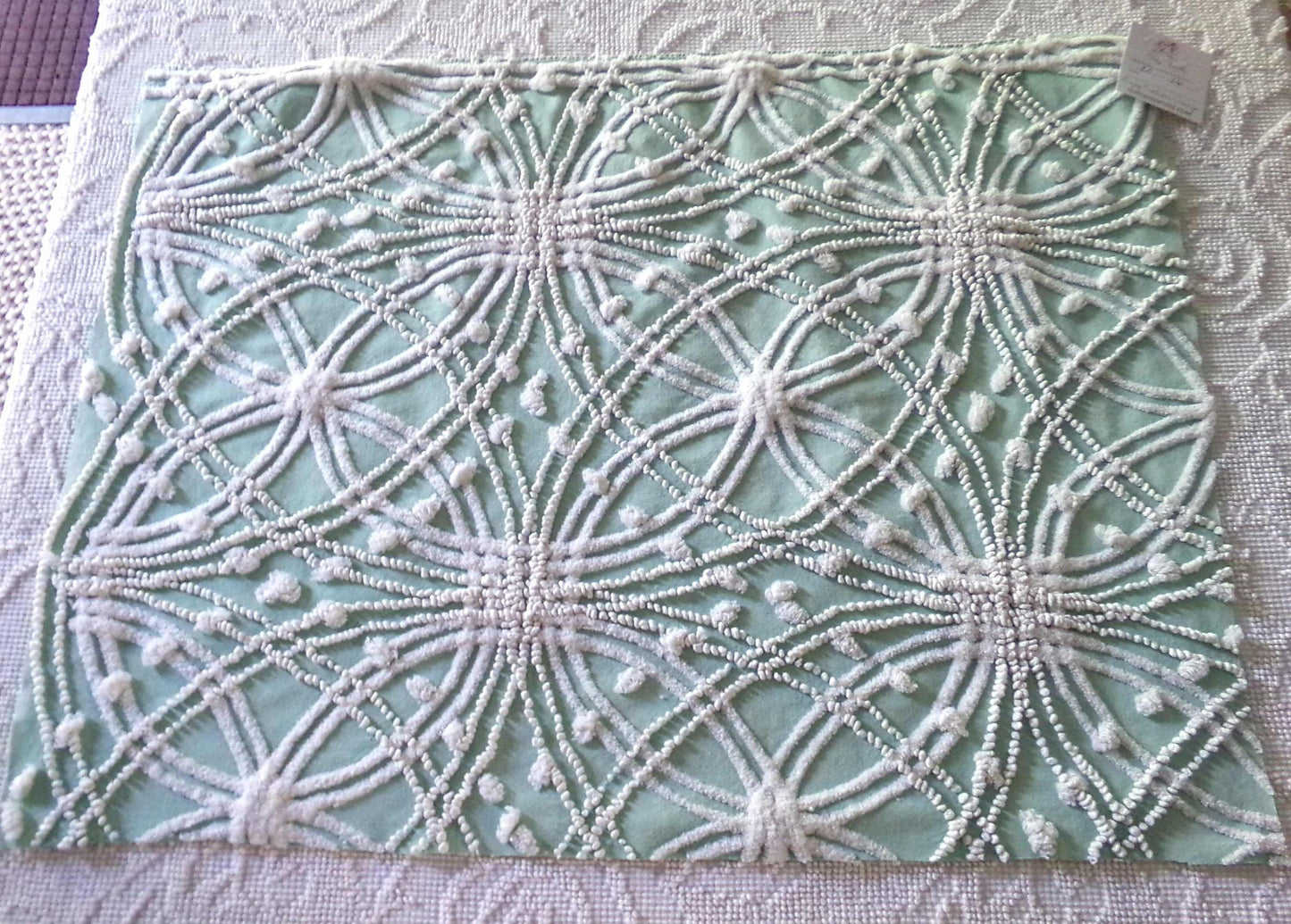 chic jade green vintage chenille fabric, white spider web design, 20" x 26" inch piece for quilting material & sewing