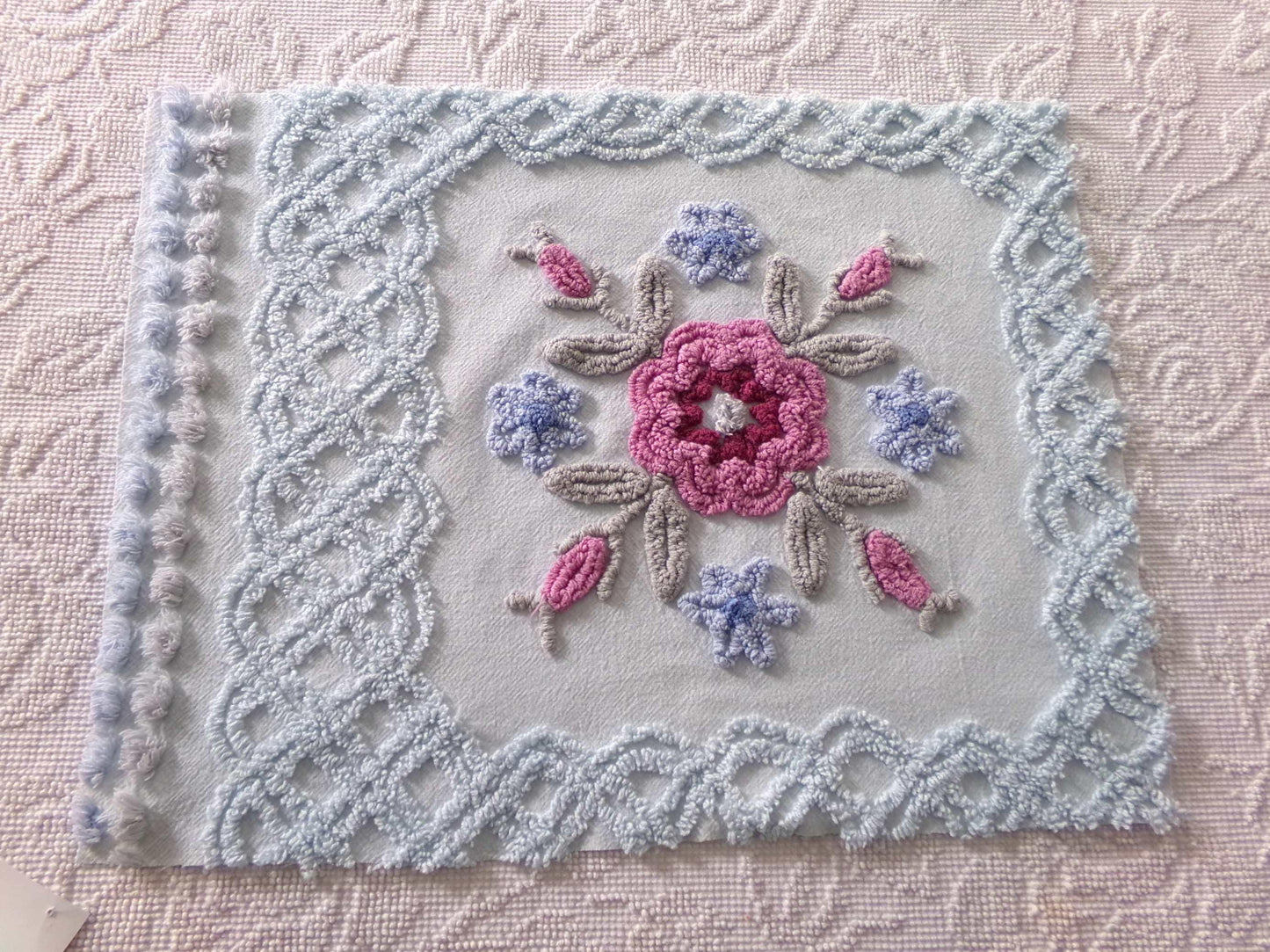 exquisite floral bloom chenille fabric, so pretty for pillow cover, 16" x 20.5" needletuft piece in ice blue with mauve pink flowers